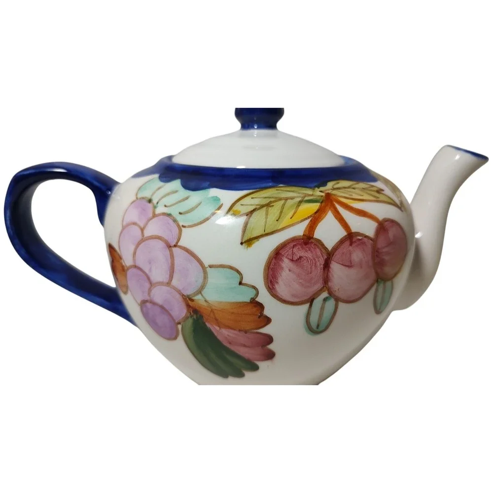 BIA Cordon Bleu International Teapot with Lid Hand Painted Fruit Blue Trim‎ SEE